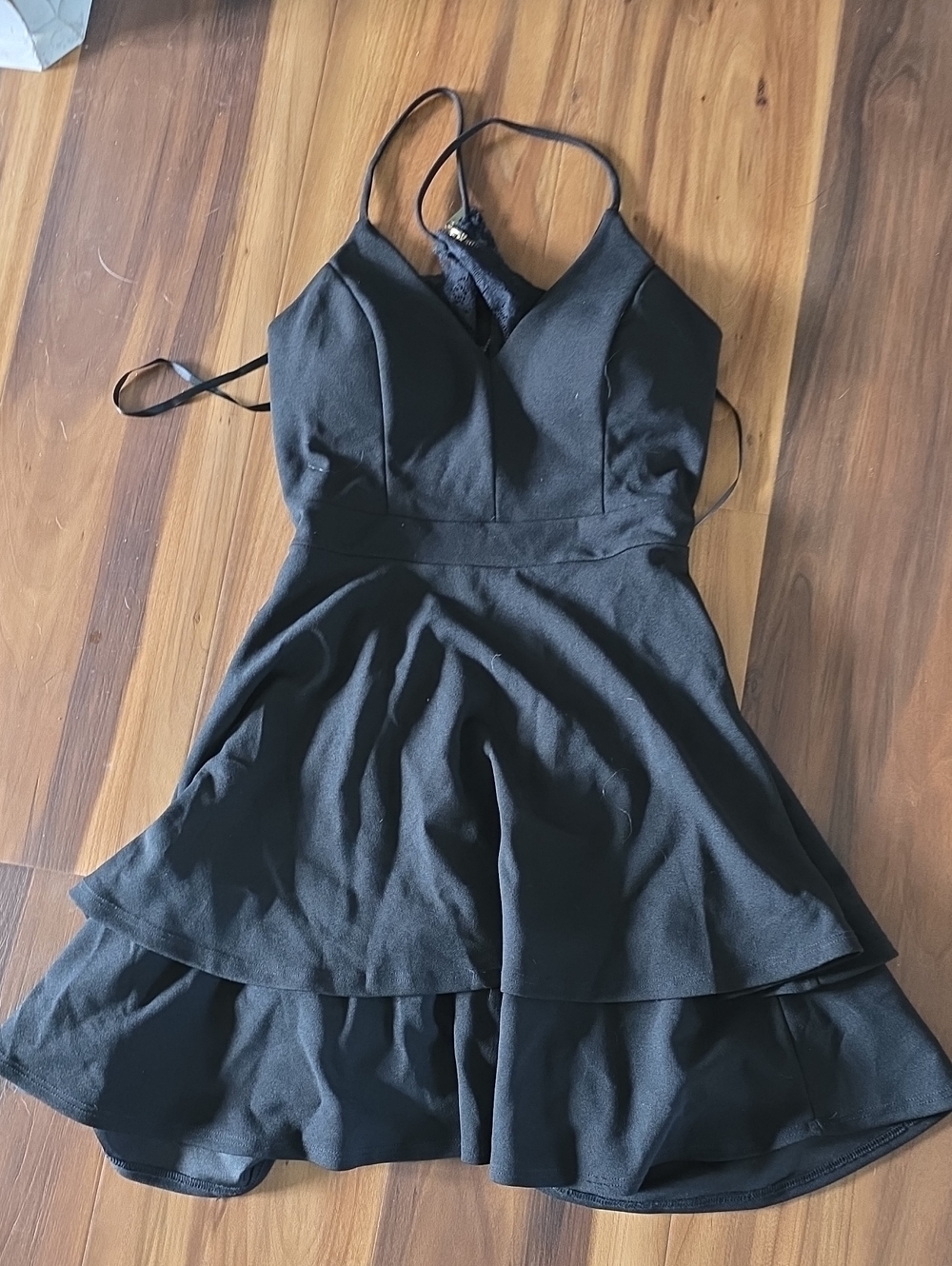 B Darlin Black Strappy V-Neck Tiered Mini Dress